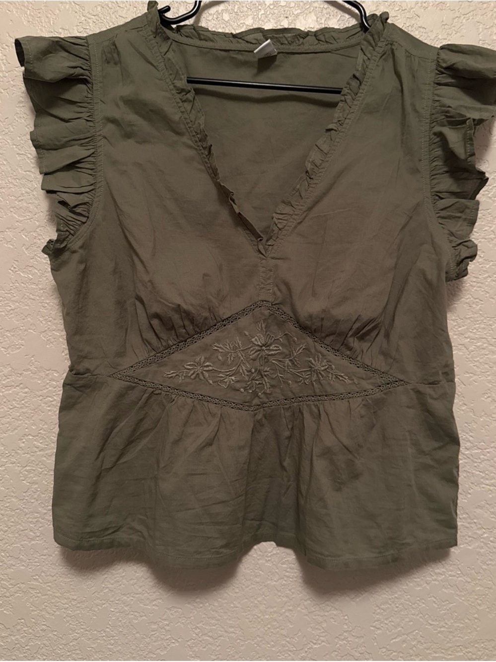 Old Navy Olive Green Embroidered Flutter Sleeve Top